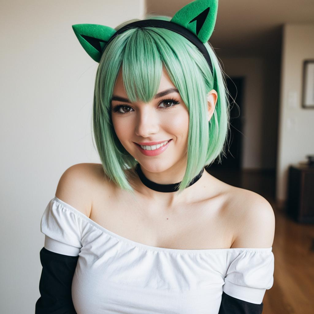 Young Woman with Green Hair and Cat-Ear Headband in Modern Cosplay Style