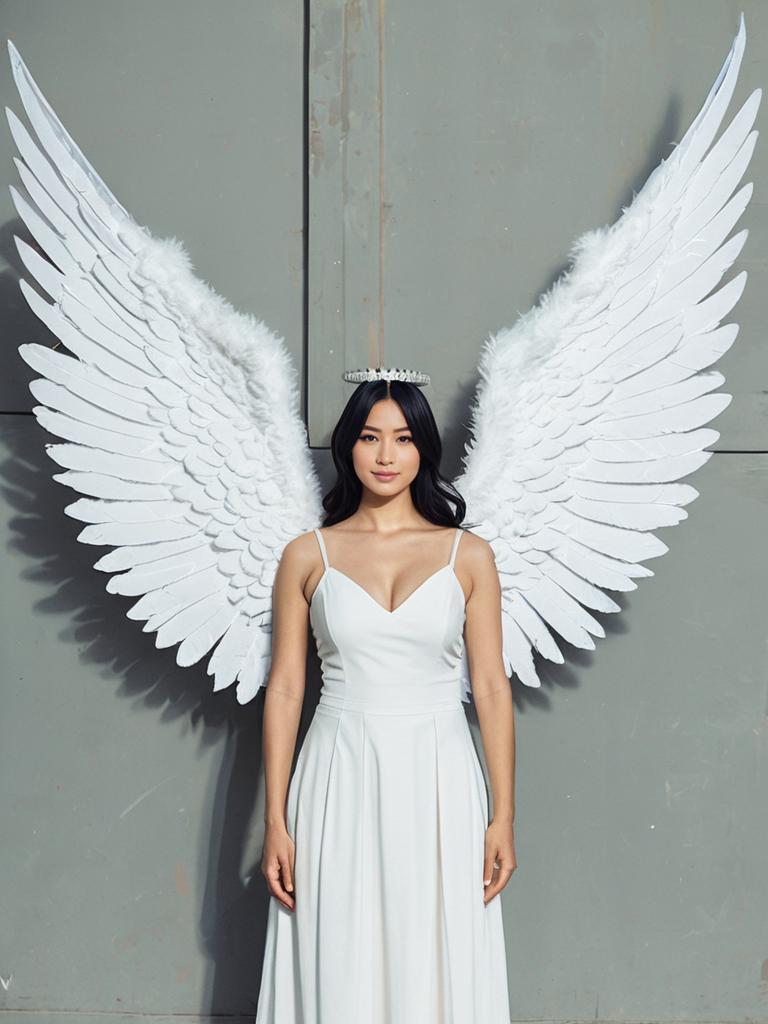Woman with Extra Large Angel Wings in White Dress - Cosplay Festival Portrait
