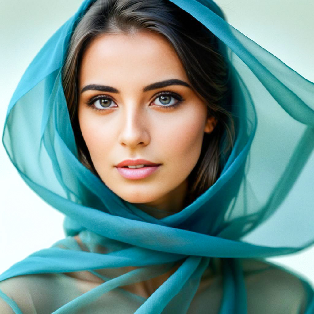 Elegant Woman in Teal Fabric Portrait