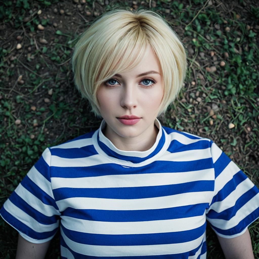 Blonde Woman in Blue and White Striped Shirt Lying on Grass