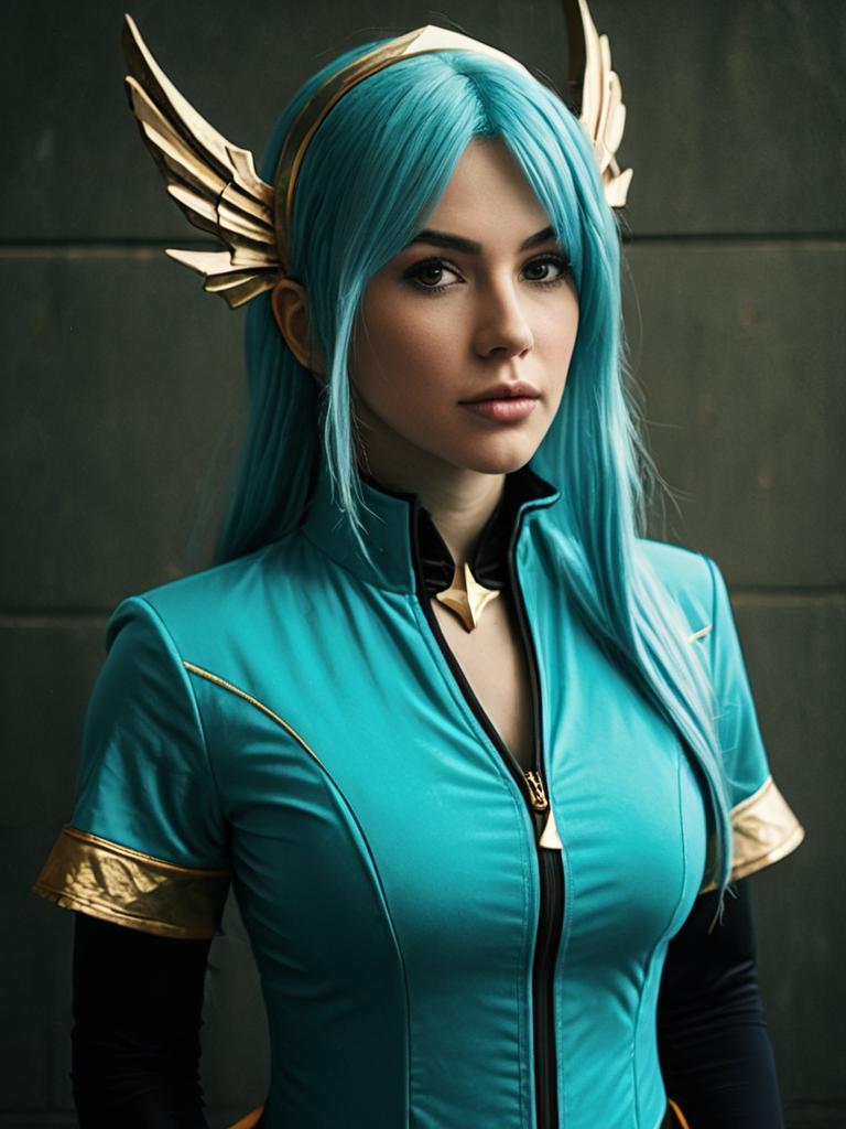 Realistic Sexy Cosplay Woman in Aqua Costume with Winged Headpiece