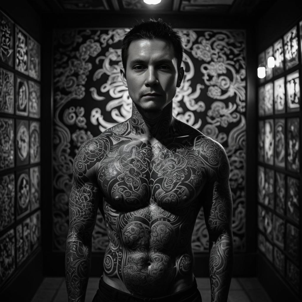 Confident Man with Japanese Temple Tattoos