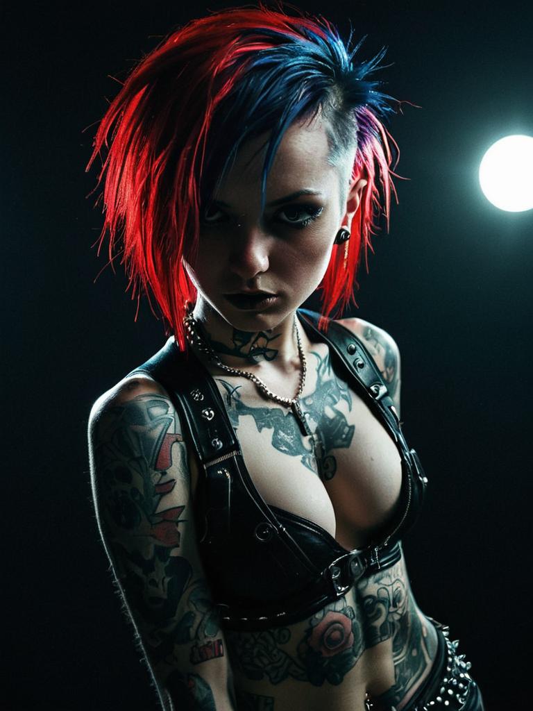 Edgy Punk Rock Woman with Red and Blue Hair and Tattoos