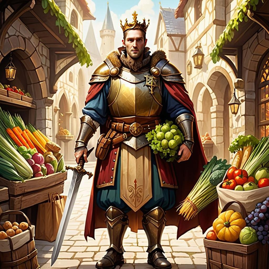 Medieval King in Armor Holding Vegetables at Vibrant Marketplace