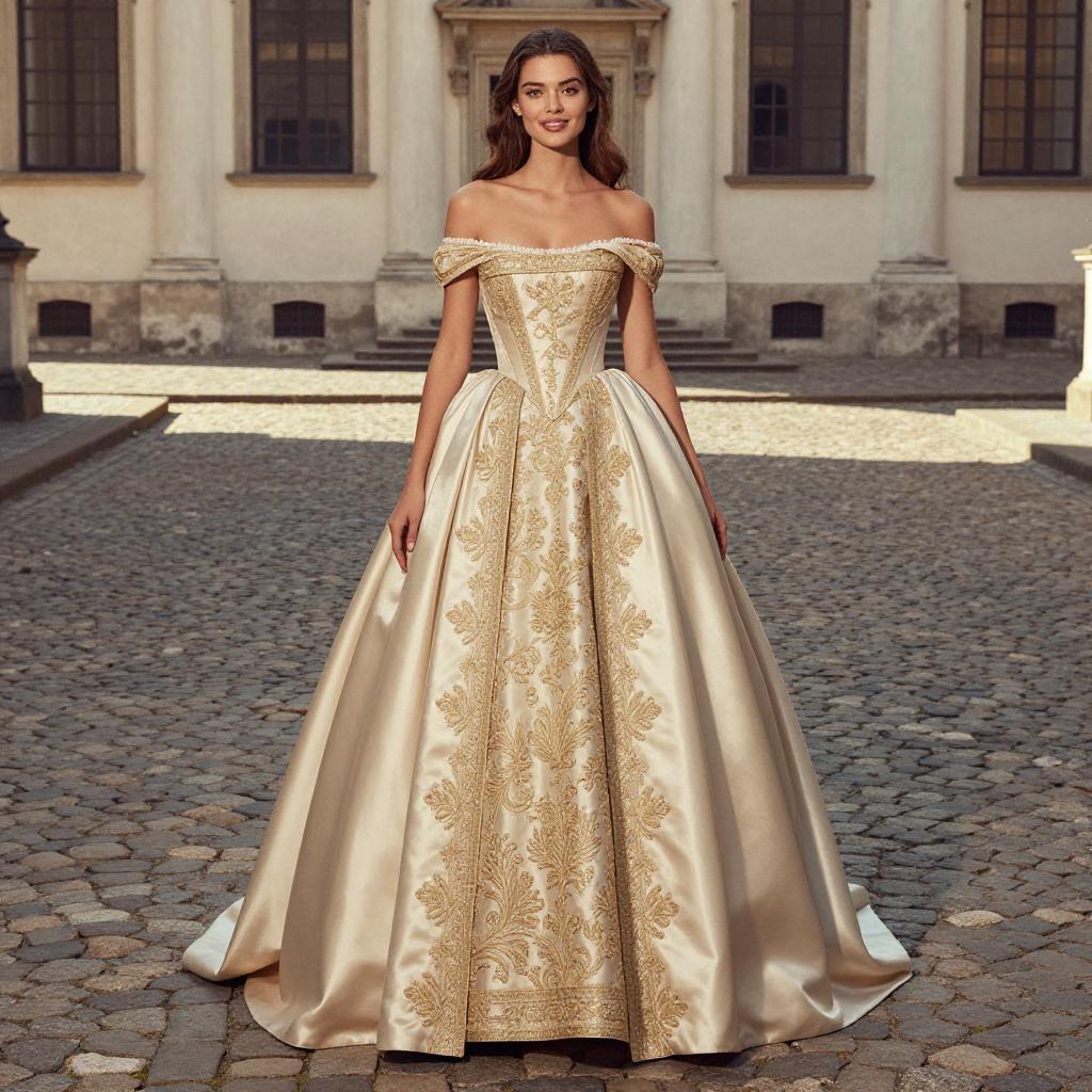 Elegant Off-the-Shoulder Embroidered Ball Gown in Historic Courtyard