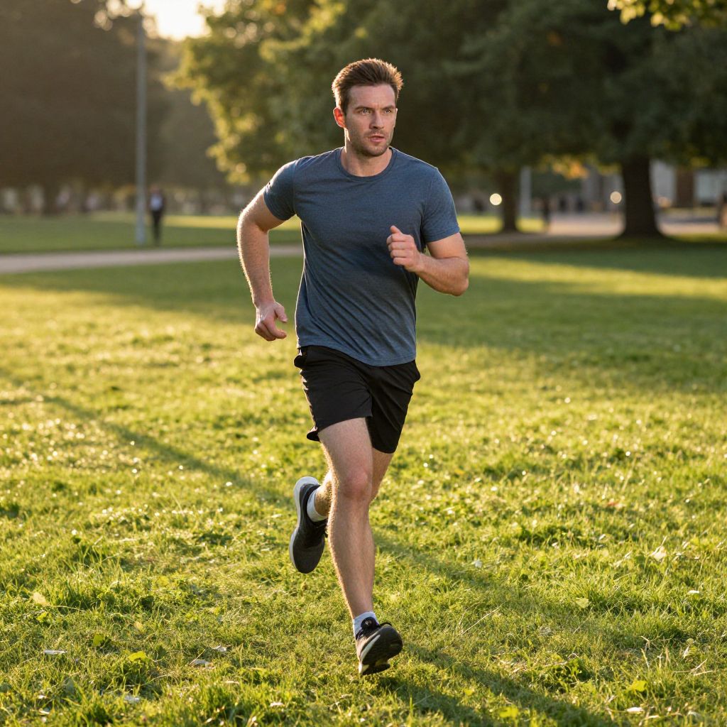 Man Running in Park on Sunny Day for Fitness and Exercise