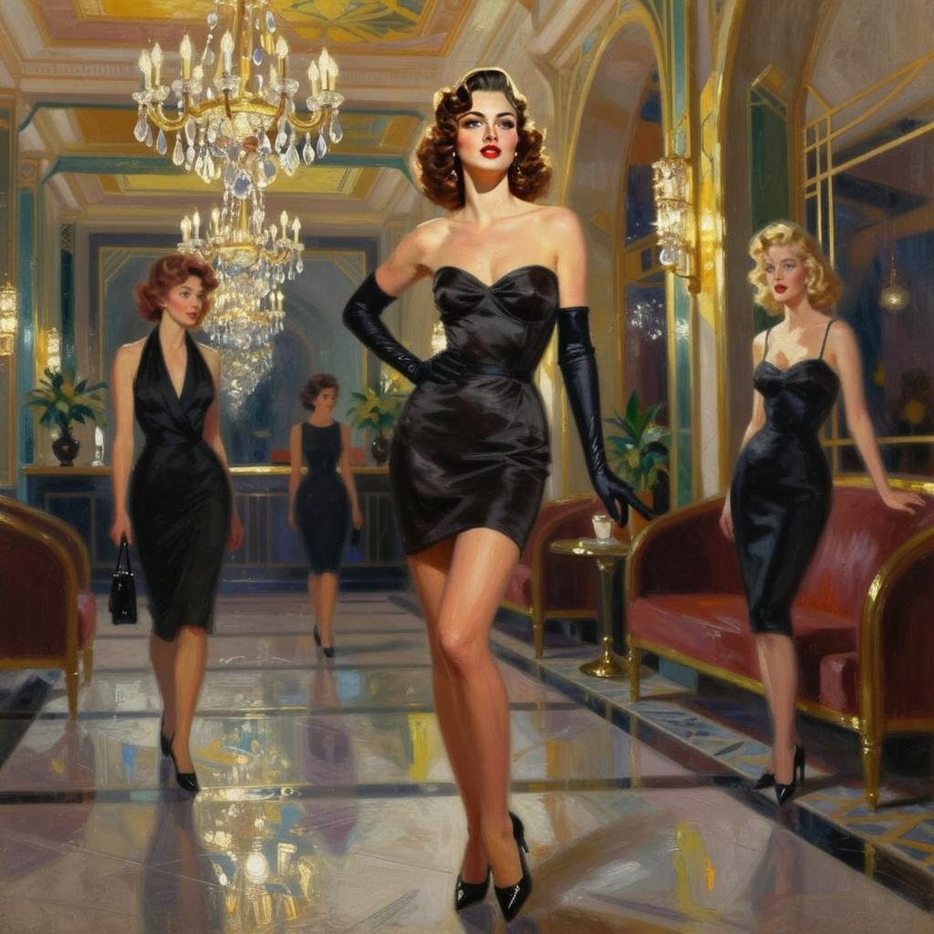 Vintage Glamour Women in Black Cocktail Dresses in Luxurious Interior