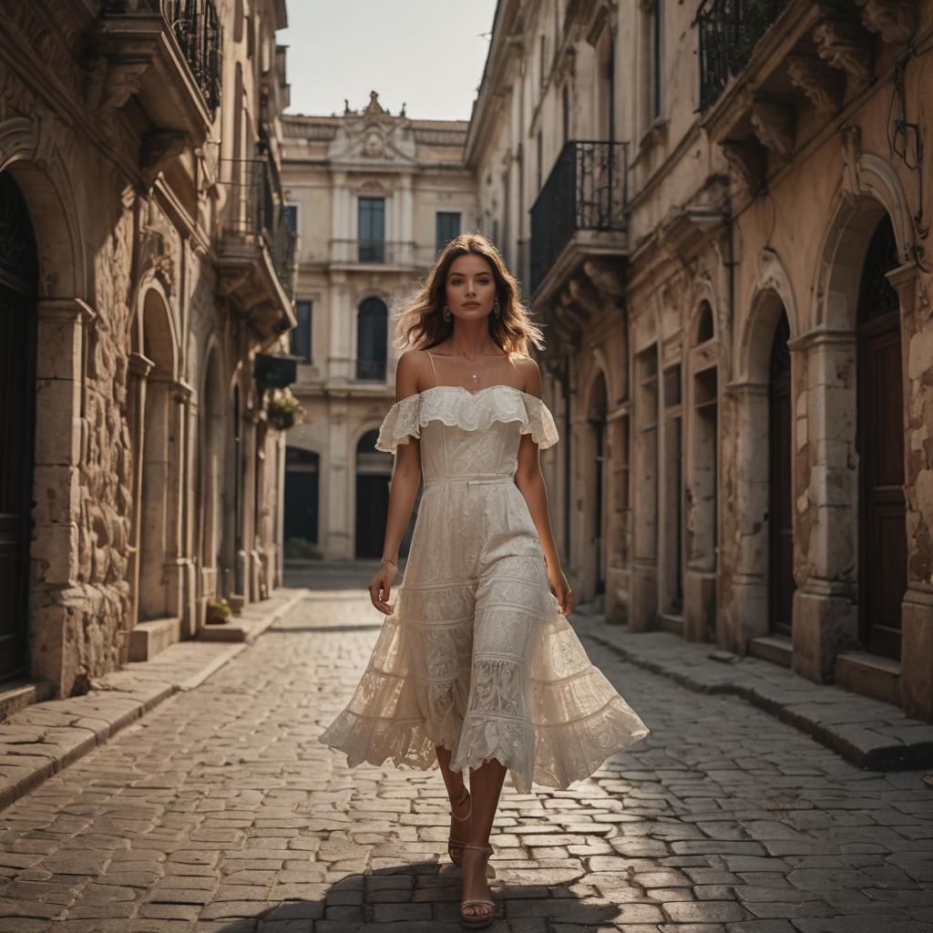 Woman Walking in White Lace Dress on Historic Cobbled Street
