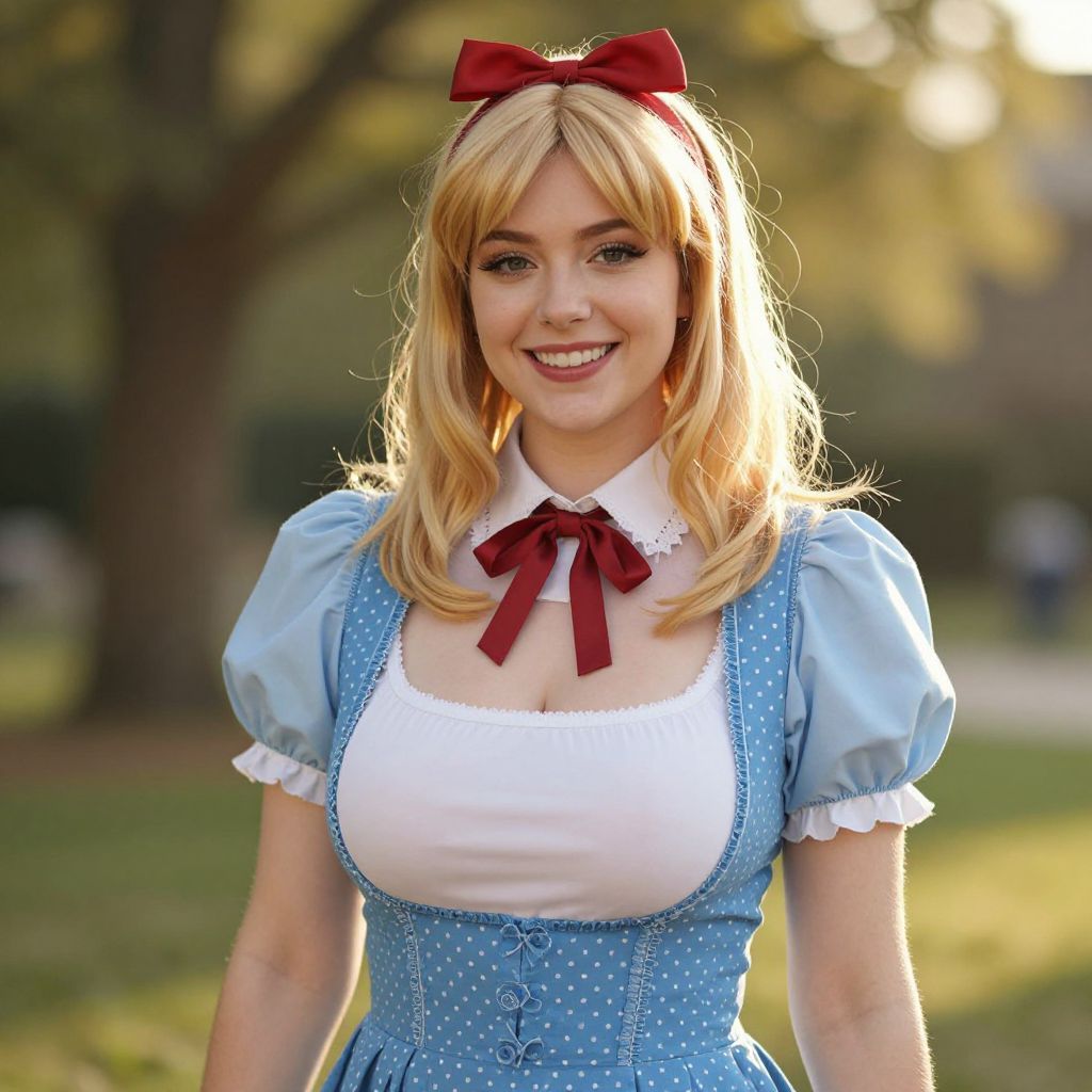Young Woman in Vintage Blue Polka Dot Dress with Red Bow Outdoors