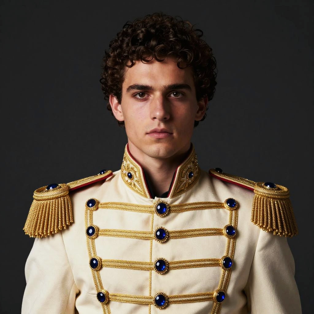 Young Man in Ornate Military Style Jacket with Gold Embellishments