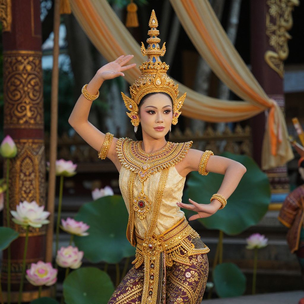 Traditional Southeast Asian Woman in Gold Costume Performing Classical Dance