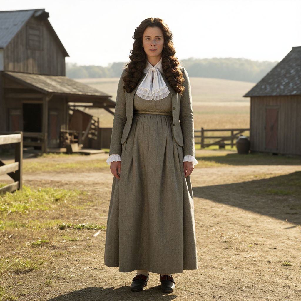 Woman in 19th Century Dress on Rustic Farm Background vllm26041709343usl