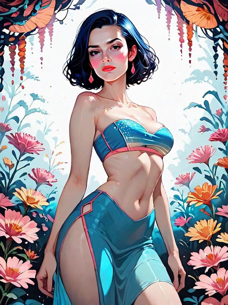 Realistic Digital Artwork of Woman in Coral Blue Bandeau Bikini with Floral Background