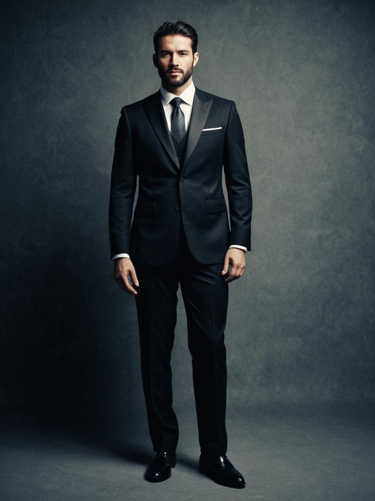 Elegant Man in Formal Black Suit Full Body Portrait
