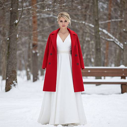 Woman in White Dress and Red Coat Standing in Snowy Forest