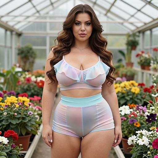 Plus Size Woman in Pastel Two-Piece Outfit Posing in Flower Greenhouse