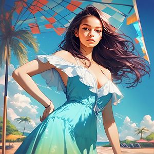 Confident Woman on Sunny Beach in Blue Dress