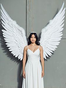 Woman with Extra Large Angel Wings in White Dress - Cosplay Festival Portrait
