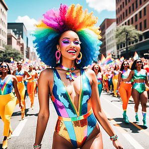 Vibrant Street Parade with Rainbow Afro Woman