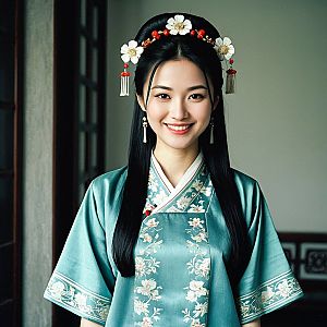 Young Woman in Teal Silk Garment with Floral Embroidery