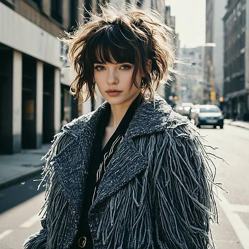 Urban Fashion Portrait of Woman Wearing Gray Fringed Coat