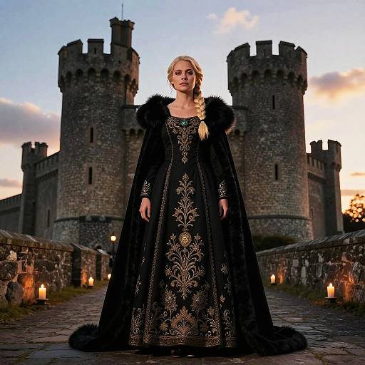 Regal Woman in Ornate Black Medieval Gown with Castle Background