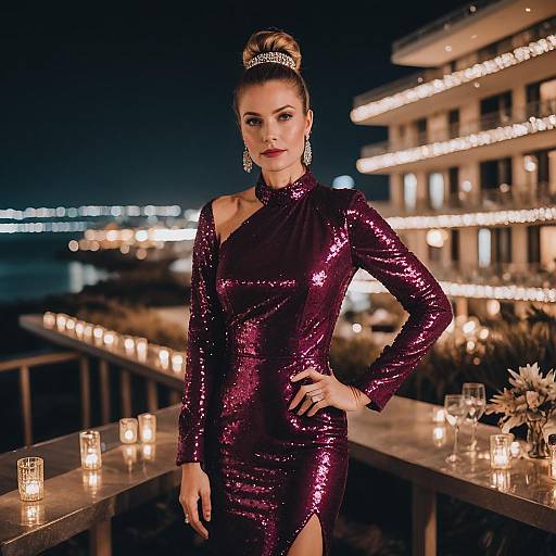 Elegant Woman in Purple Sequin Dress Posing at Night on Balcony