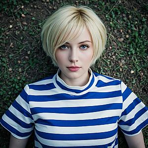 Blonde Woman in Blue and White Striped Shirt Lying on Grass