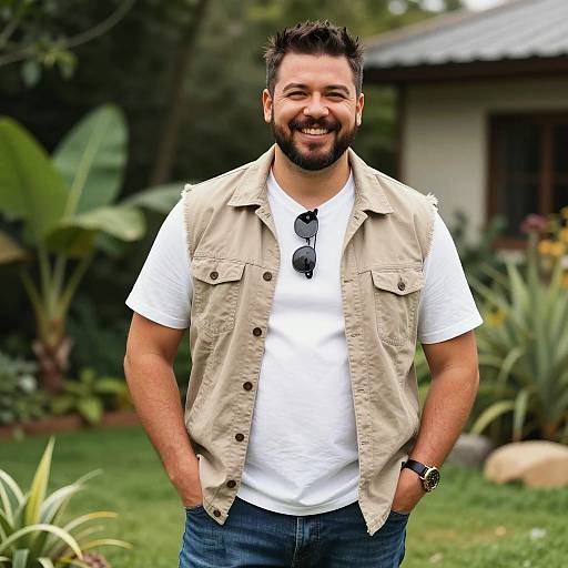 Smiling Man in Casual Vest Outdoors in Garden Setting