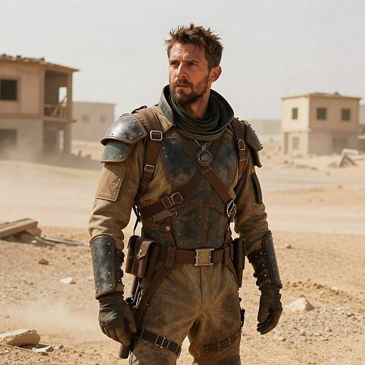 Man in Post-Apocalyptic Desert Armor in Sci-Fi Setting