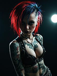 Edgy Punk Rock Woman with Red and Blue Hair and Tattoos
