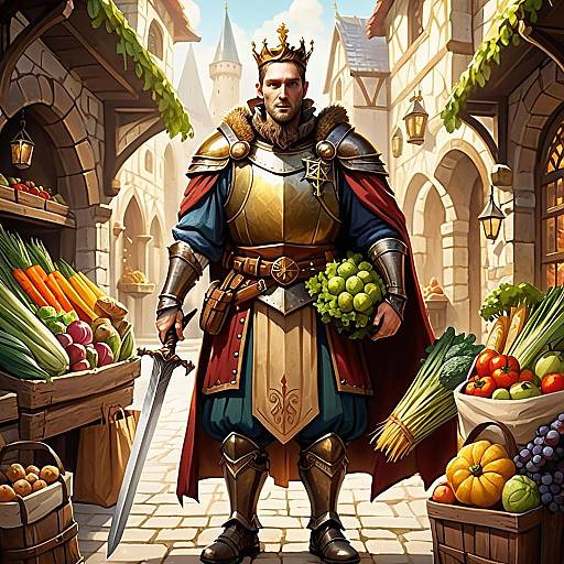 Medieval King in Armor Holding Vegetables at Vibrant Marketplace