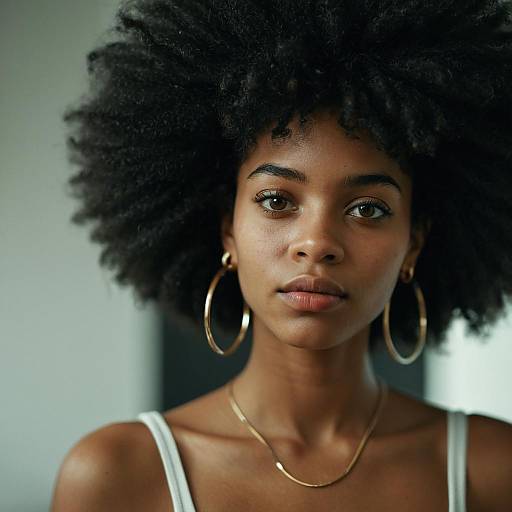 Close-Up Portrait of Woman with Natural Afro Hair and Gold Hoop Earrings