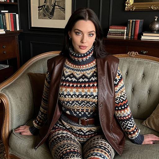 Woman in Patterned Knitwear and Leather Vest Sitting on Vintage Sofa