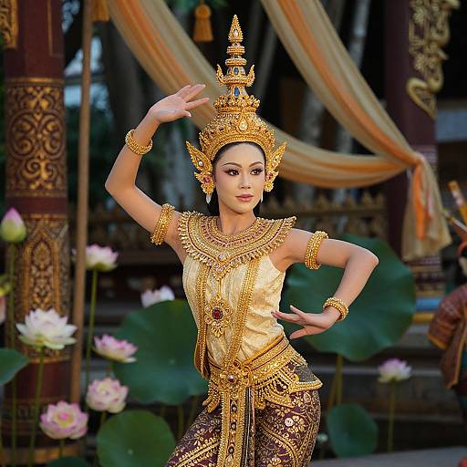 Traditional Southeast Asian Woman in Gold Costume Performing Classical Dance