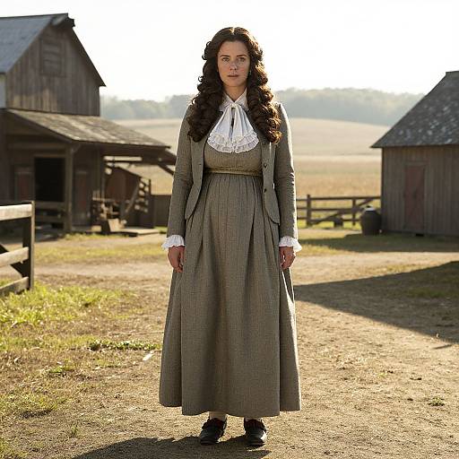 Woman in 19th Century Dress on Rustic Farm Background vllm26041709343usl