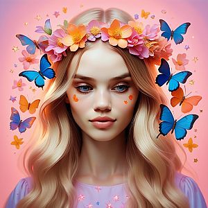 Young Woman with Floral Crown and Butterflies