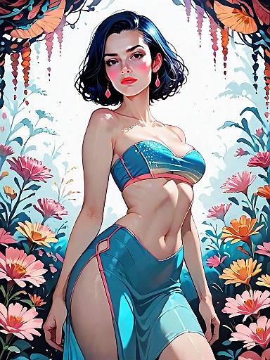 Realistic Digital Artwork of Woman in Coral Blue Bandeau Bikini with Floral Background