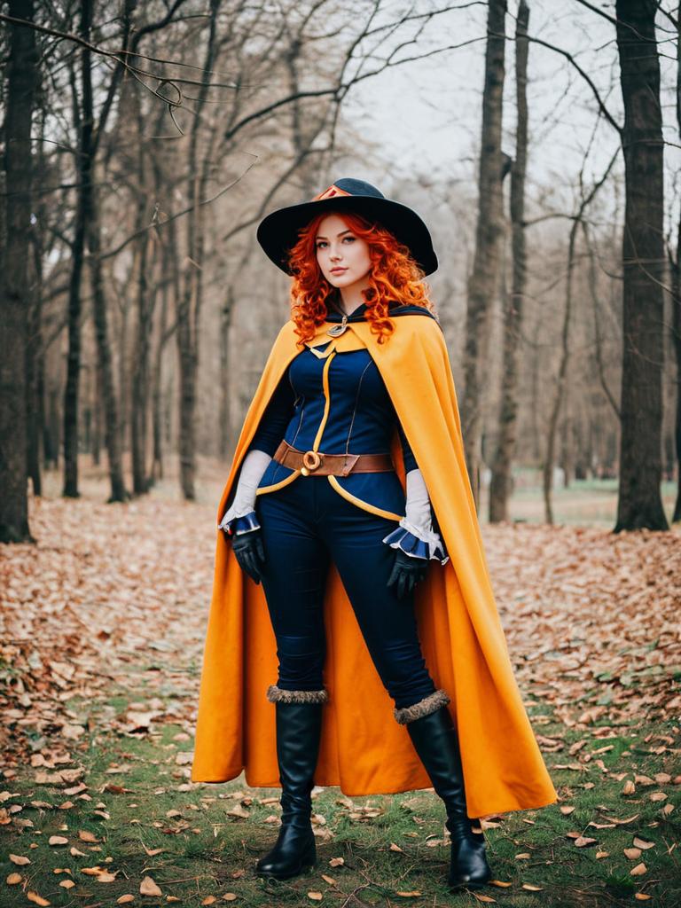 Woman in Fantasy Costume with Orange Cape in Autumn Forest