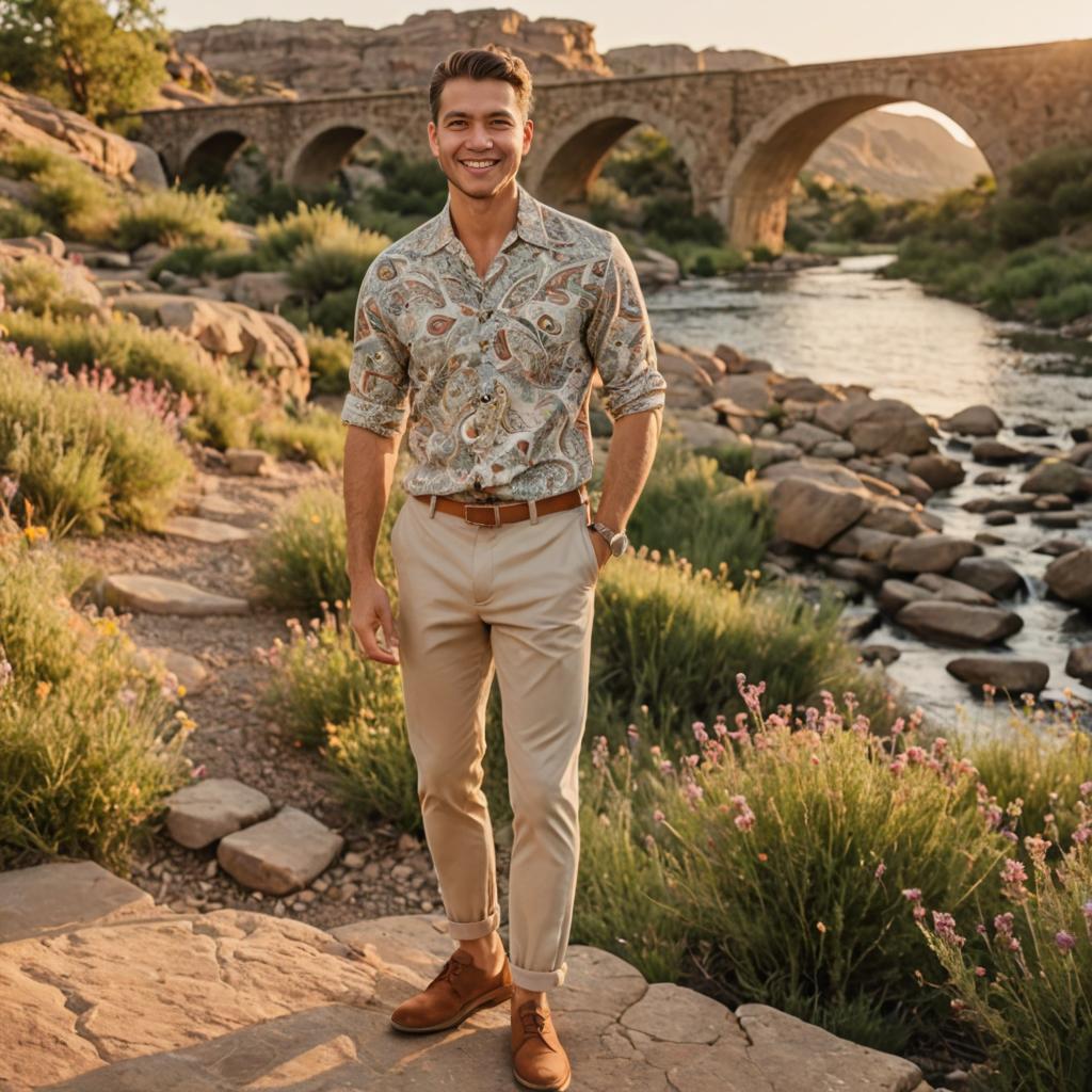 Smiling Man in Patterned Shirt by Ancient Bridge