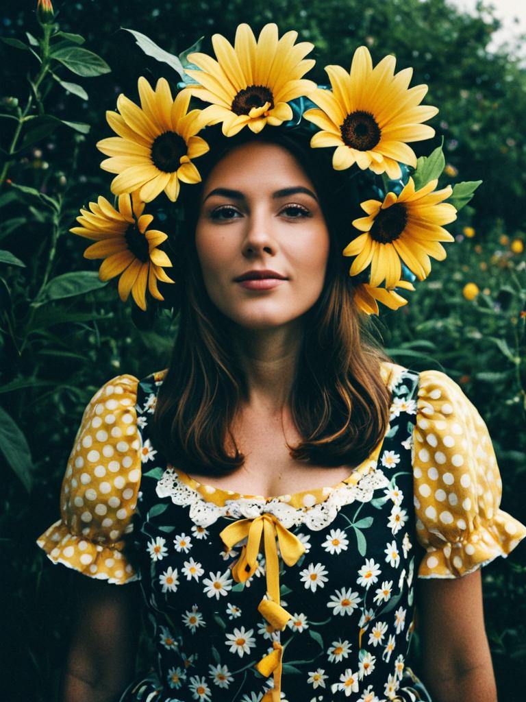 Woman in Flower Costume Playful Whimsical Portrait with Sunflower Headpiece