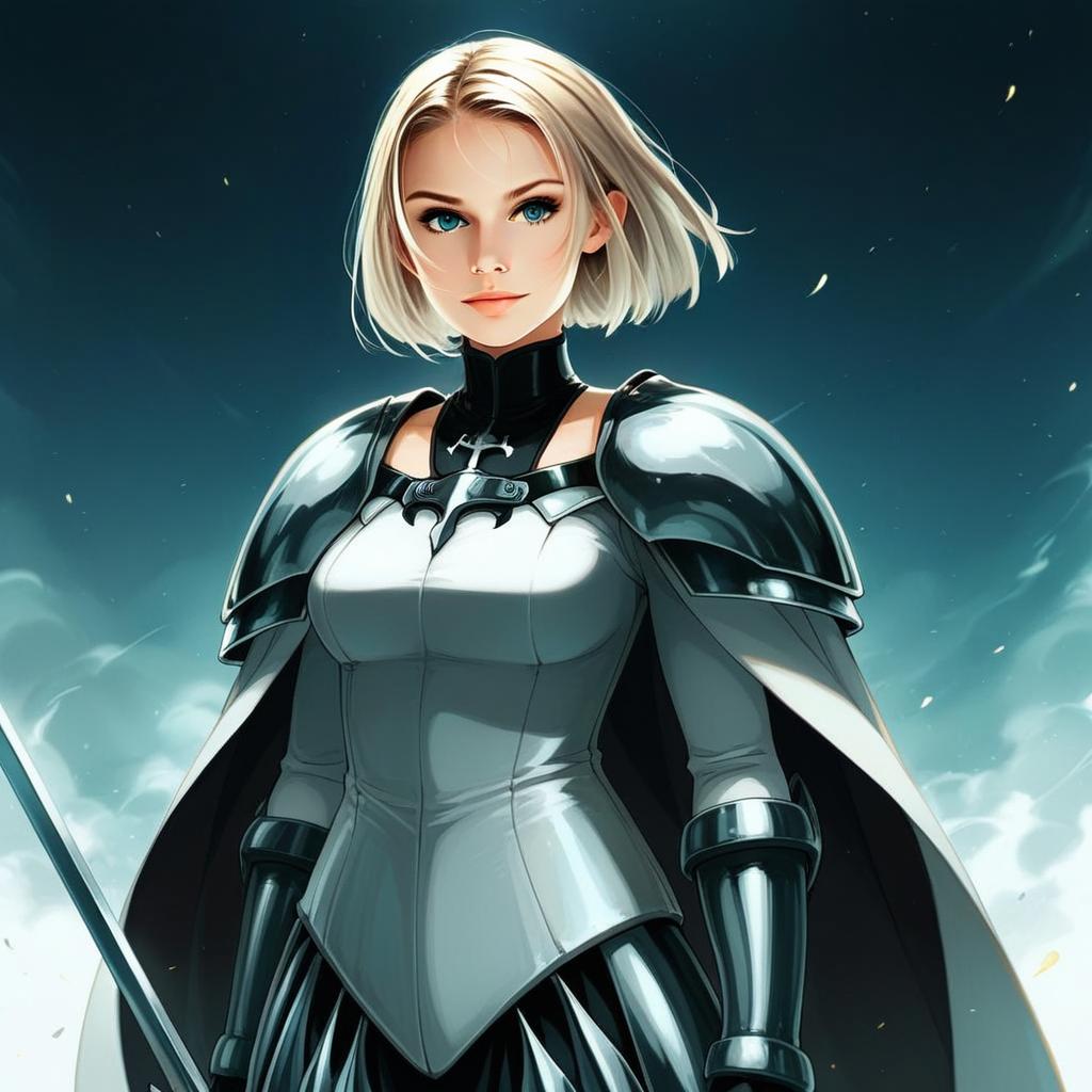 Illustrated Woman in Medieval Armor with Sword and Cape