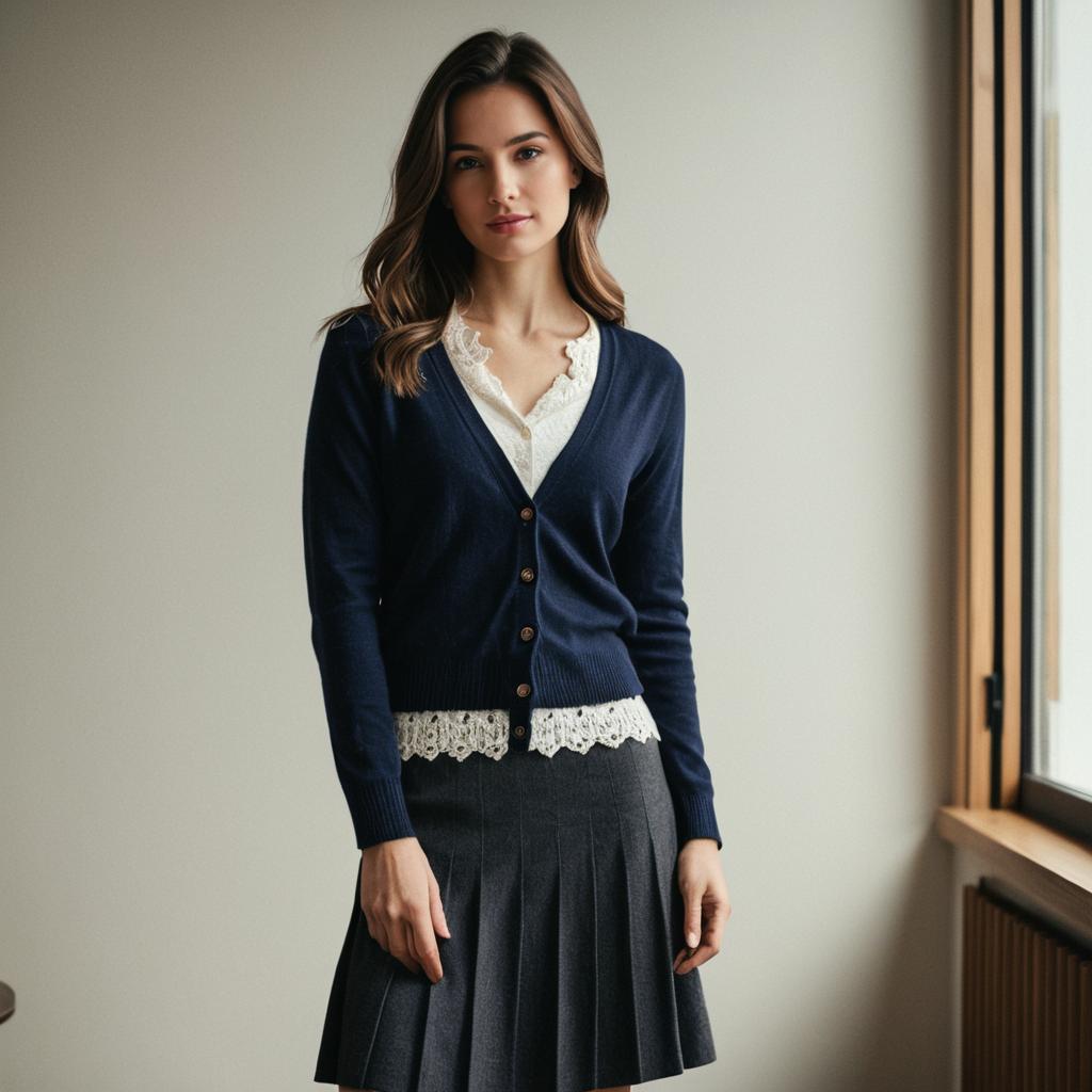 Young Woman in Navy Cardigan and Pleated Skirt by Window