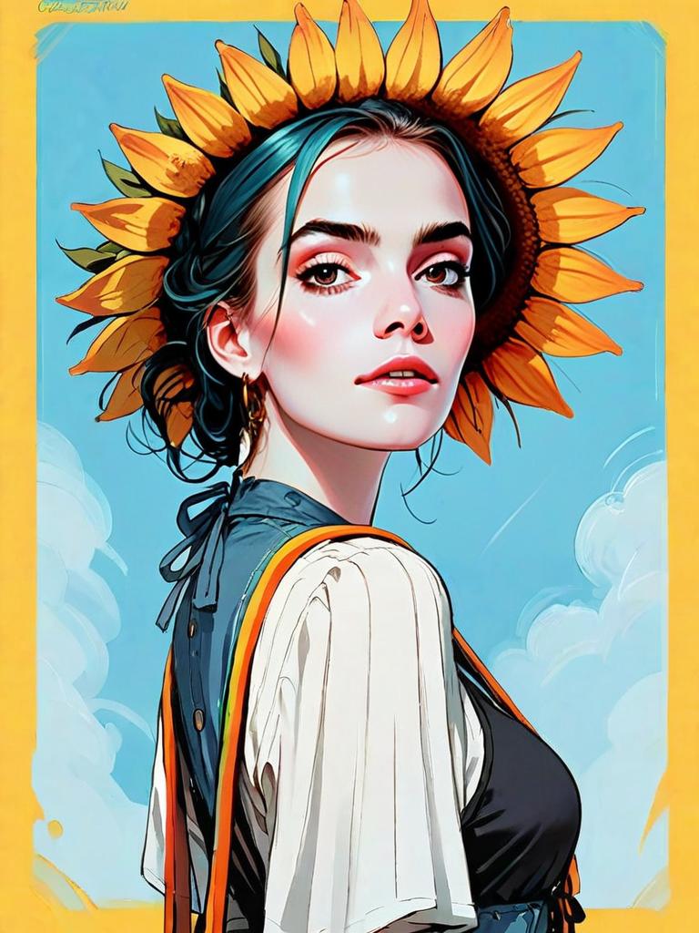 Realistic Woman with Sunflower Crown and Stylish Wrap Outfit Digital Illustration
