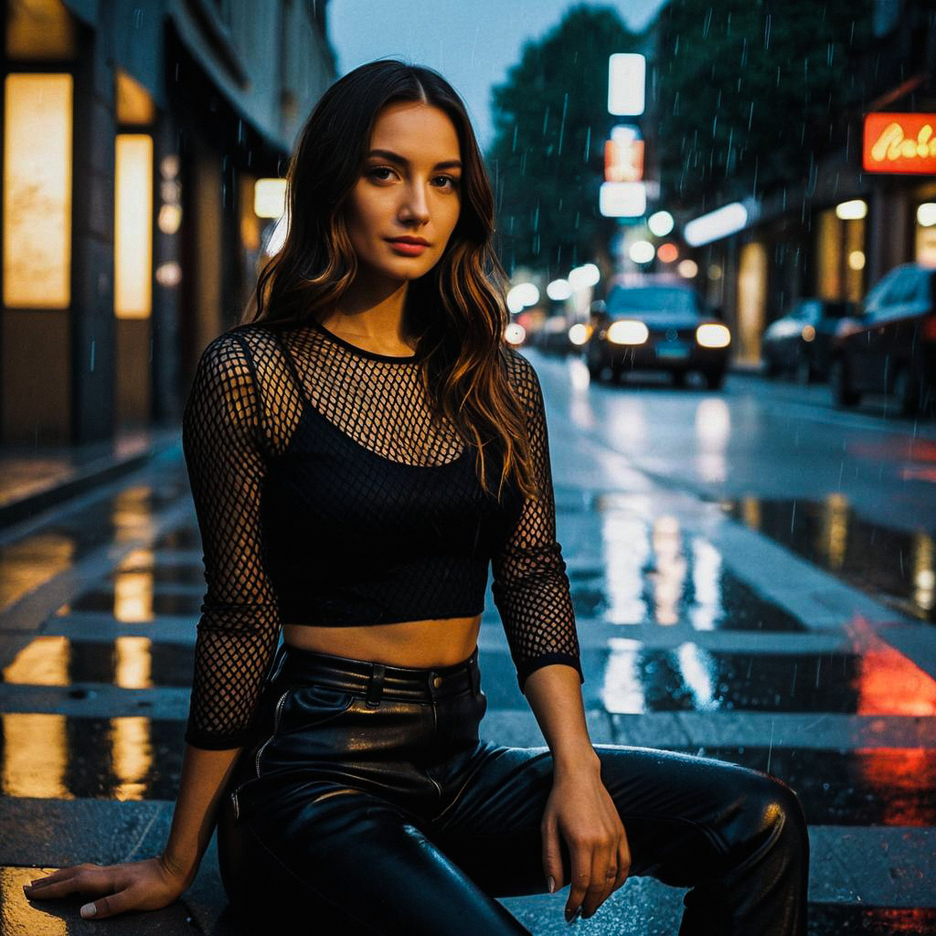 Confident Woman in Black Mesh Top on Wet City Street at Dusk
