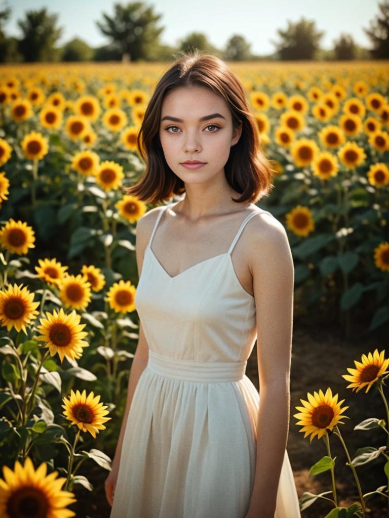 Young Woman in Sunflower Field