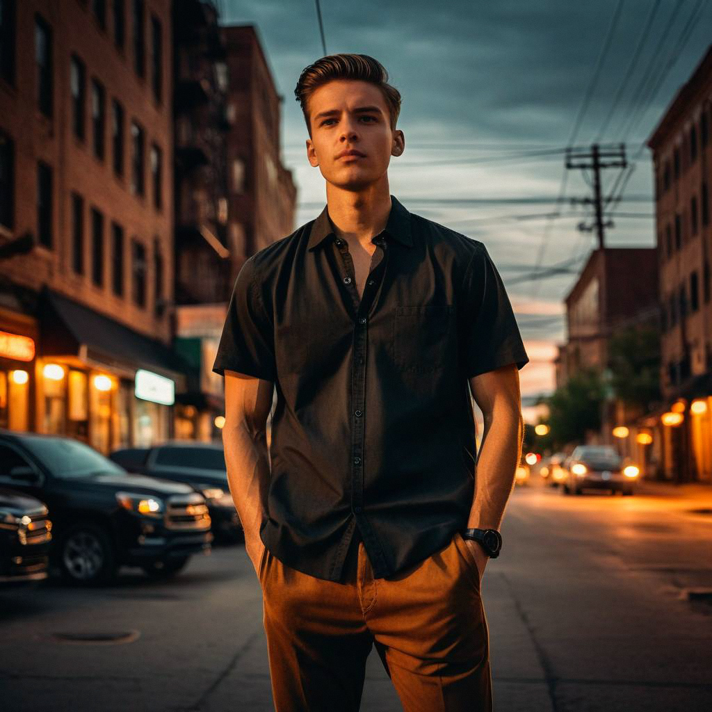 Confident Young Man in Urban Street at Dusk Confident Young Man in Urban Street at Dusk