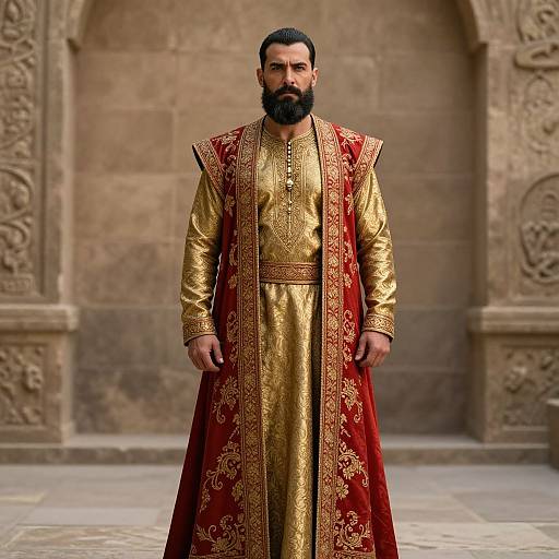 Regal Man in Traditional Middle Eastern Golden Robe with Red Embroidered Cloak