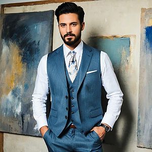 Confident Man in Blue Suit Against Abstract Background