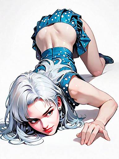 Realistic Comic Style Woman in Blue Polka Dot Outfit Full Body Illustration